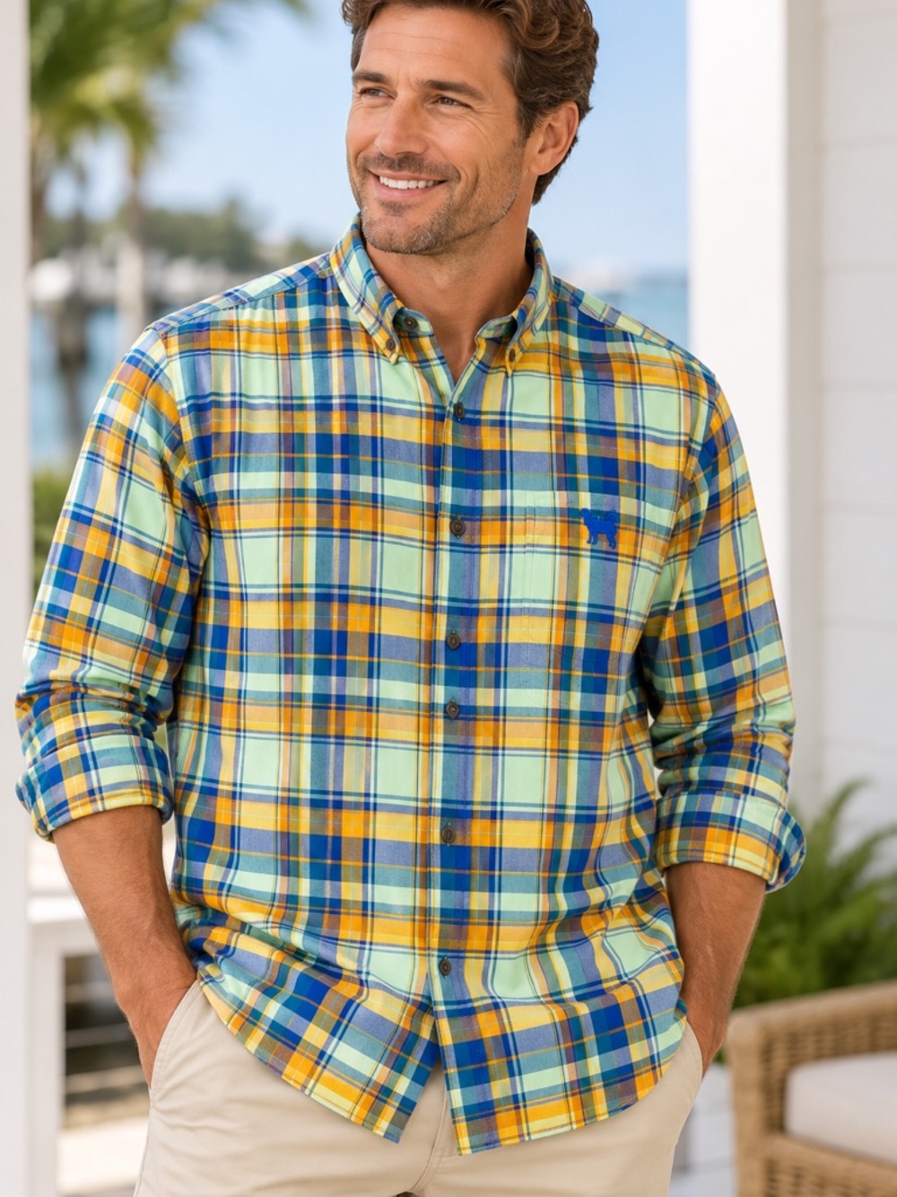 Woolrich Mens XL Plaid Shirt Organic Cotton Modern Fit Long Sleeve Embroidered